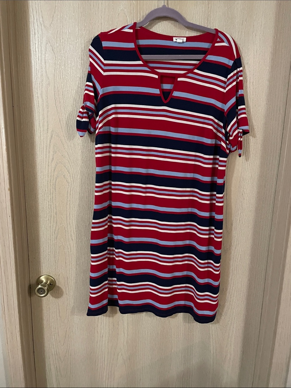 Westport Red, Navy & White Striped Midi Dress with Tie Sleeves